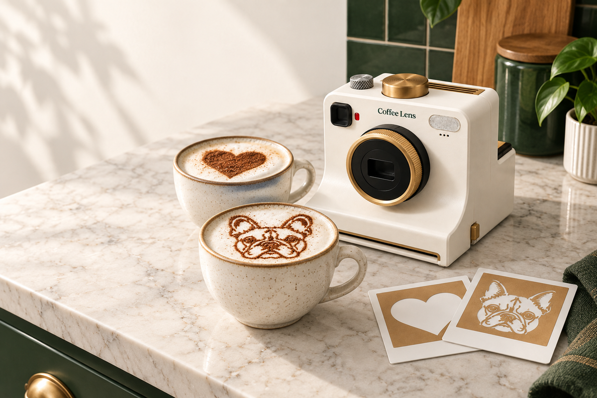Coffee Lens on a kitchen counter beside coffee with cocoa artwork